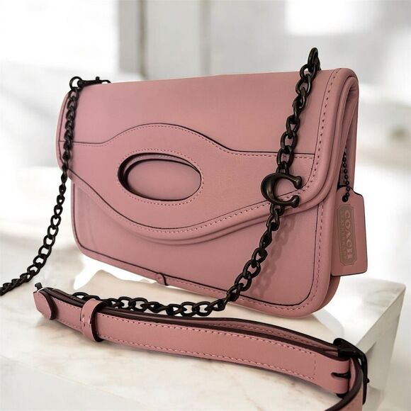 Coach Foldover Cut Out Clutch Crossbody Carnation Pink Leather Bag Chain Strap - Picture 1 of 14